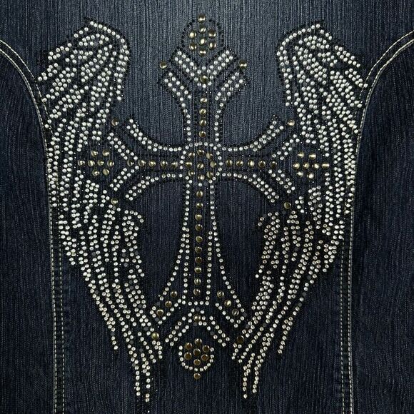 Y2K Clash Embellished Denim Dress Large Wings Cross Punk Goth Cowgirl Western - Picture 4 of 12